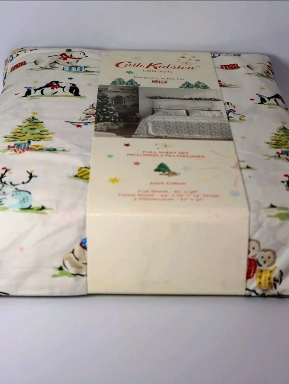 Cath Kidston London Full Size Sheet Set, Christmas Animals Cream, 100% Cotton